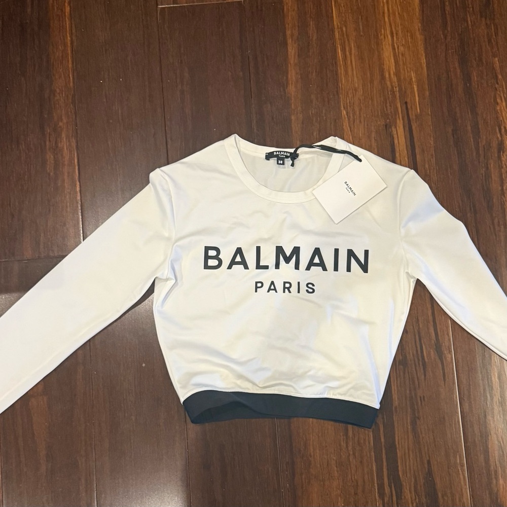 Balmain White and Black Paris Logo Top